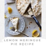 Homemade lemon meringue pie being sliced and served.