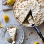 Piece of lemon meringue pie being served.