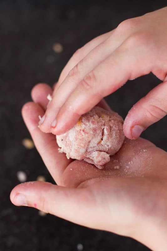 Person rolling mixture into balls in palms of hands.