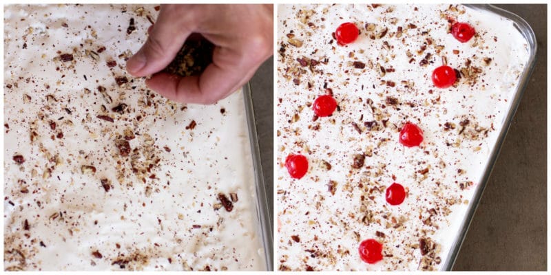 2 picture collage of pecan chips being sprinkled over a no bake Hawaiian dessert, topped with 12 cherries. 