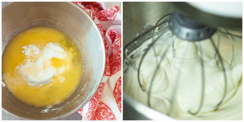 2 Step collage shows how to make a cream filling with eggs, butter and powdered sugar with a KitchenAid mixer.