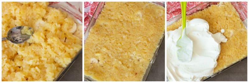 3 picture collage of crushed pineapple being spread over a 9x12 dish of a no bake hawaiian flip dessert. 
