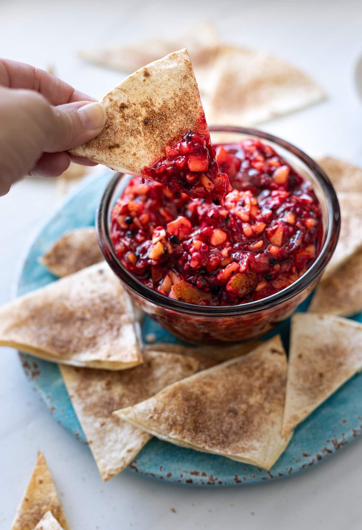 Person dipping a cinnamon sugar chip in a bowl of tangy salsa. 