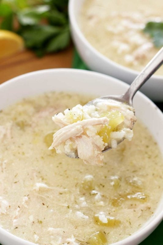 A spoonful of Greek Lemon and Chicken Soup (Avgolemono Soup).