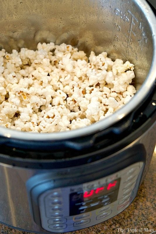 Instant Pot containing fresh popped popcorn.