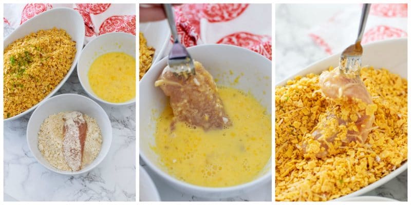 Chicken tender being coated, battered and rolled in a corn flake mixture.