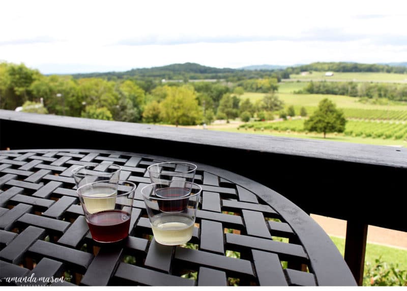 4 disposable wine cups sitting on a black iron table top overlooking the scenery at Arrington Vineyards.