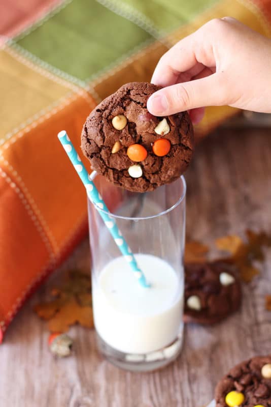 A Double Chocolate Peanut Butter Cookies being dipped into a glass of milk sitting on a wooden table with a fall tablecloth.