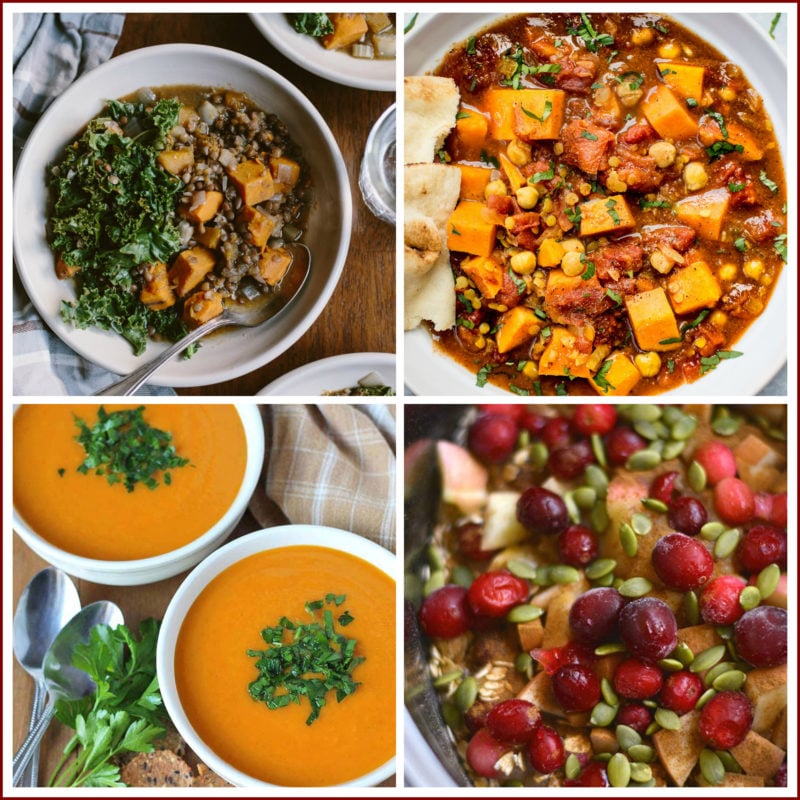 Vegan Recipes To Make In Your Slow Cooker featuring oatmeal, pumpkin soup, sweet potato and lentil stew.