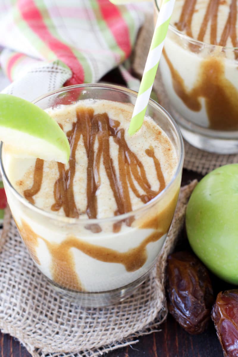 Caramel Apple Protein Smoothie in glass, caramel on top.