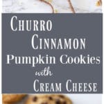 Four Churro Cinnamon Pumpkin Cookies with Cream Cheese stacked and tied with a string, cookies and chocolate chips on table.