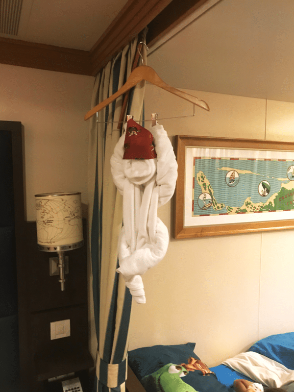 Pirate towel in a stateroom on the Disney Wonder Cruise.