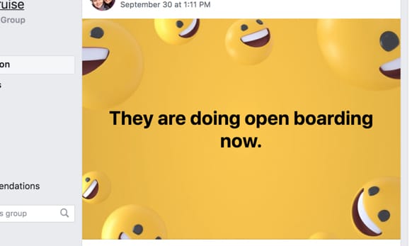 Facebook message from a Disney Wonder Cruise advising open boarding.