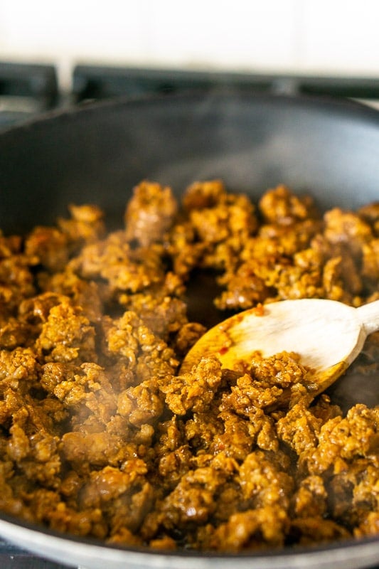 Browning the chorizo in a large nonstick skillet.