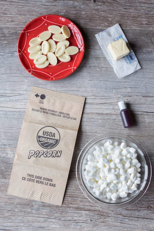 Ingredients for making marshmallow popcorn hearts.