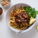 Spicy Peanut Butter & Chilli Tofu with Zoodles -Gluten Free,Vegan & low carb recipe made with crispy Tofu and zucchini noodles.