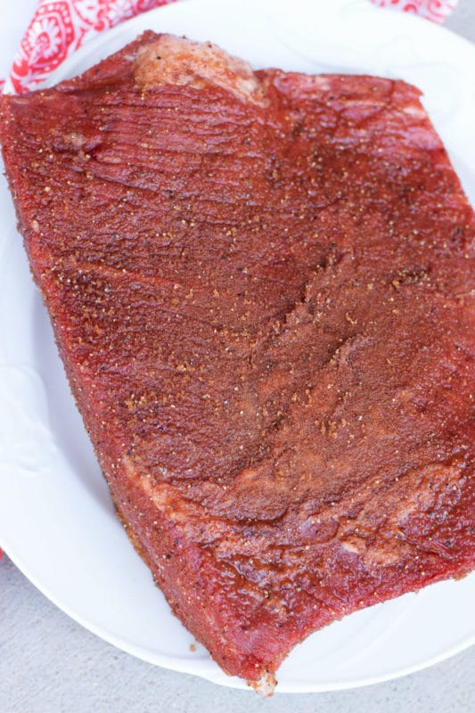 Slab of meat rubbed with a dry rub on a white plate.