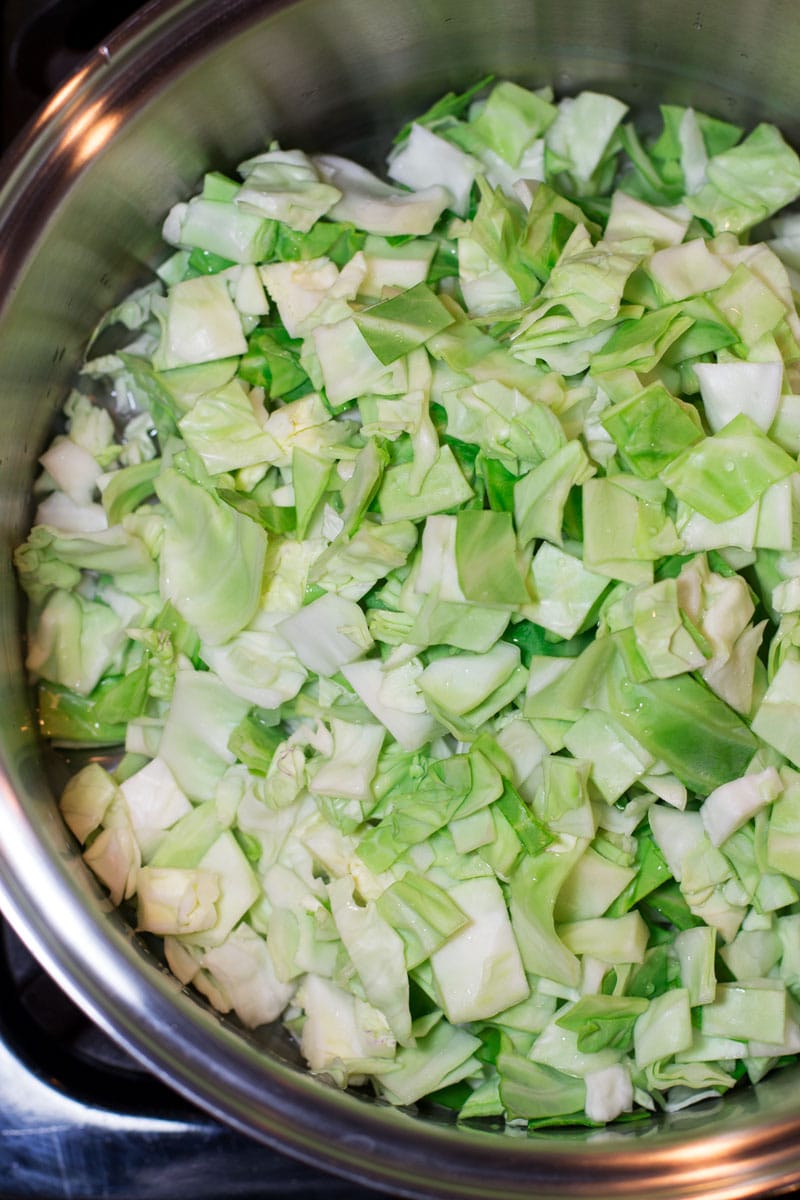 A pot containing chopped cabbage.