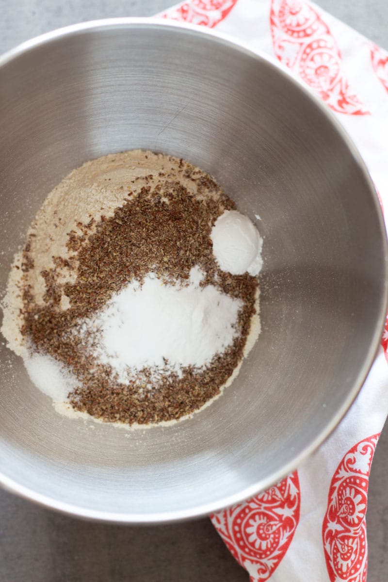 Bowl containing dry ingredients for making bread.