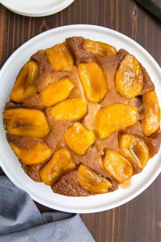 Plate containing a jackfruit upside down cake.