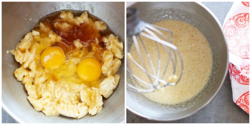 Bowl containing wet ingredients being mixed with a KitchenAid. 