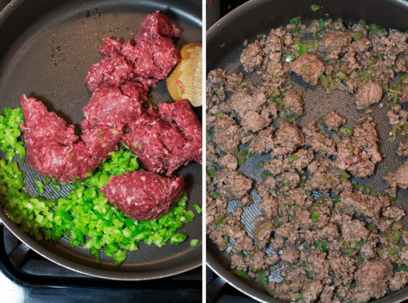Skillet containing ground beef and green peppers.