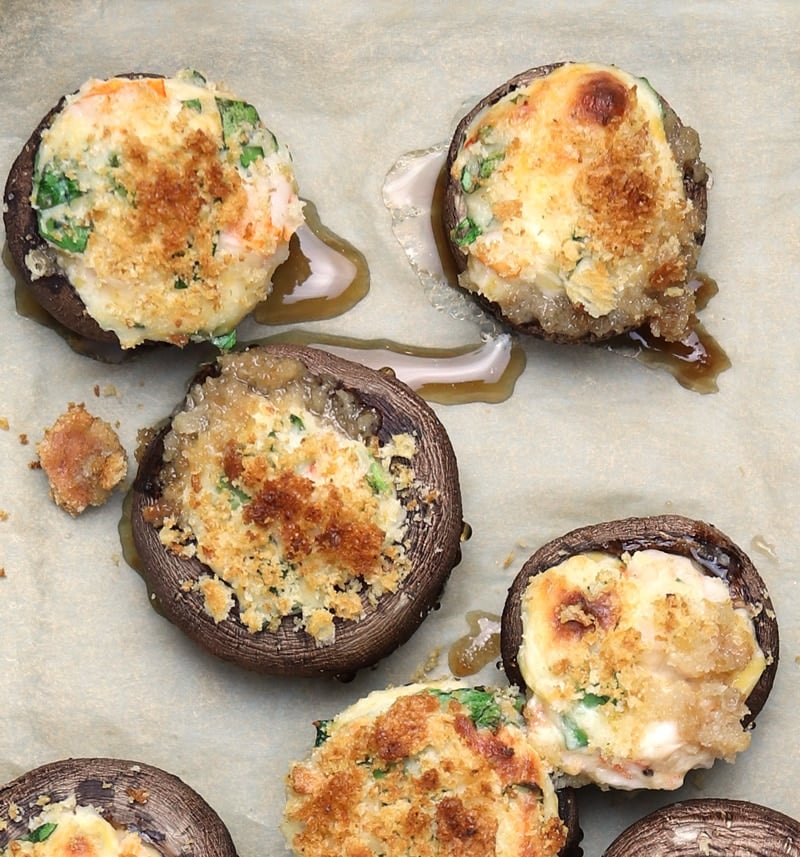 Baked stuffed mushrooms topped with toasted breadcrumbs.
