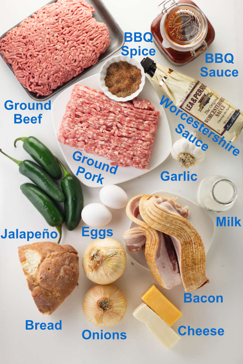 ingredients for smoked meatloaf onion cheese bacon bread eggs jalapenos milk ground pork ground beef bbq sauce bbq spice blend garlic worcestershire sauce