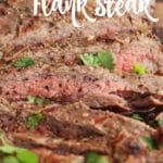 Sliced marinated flank steak topped with parsley.