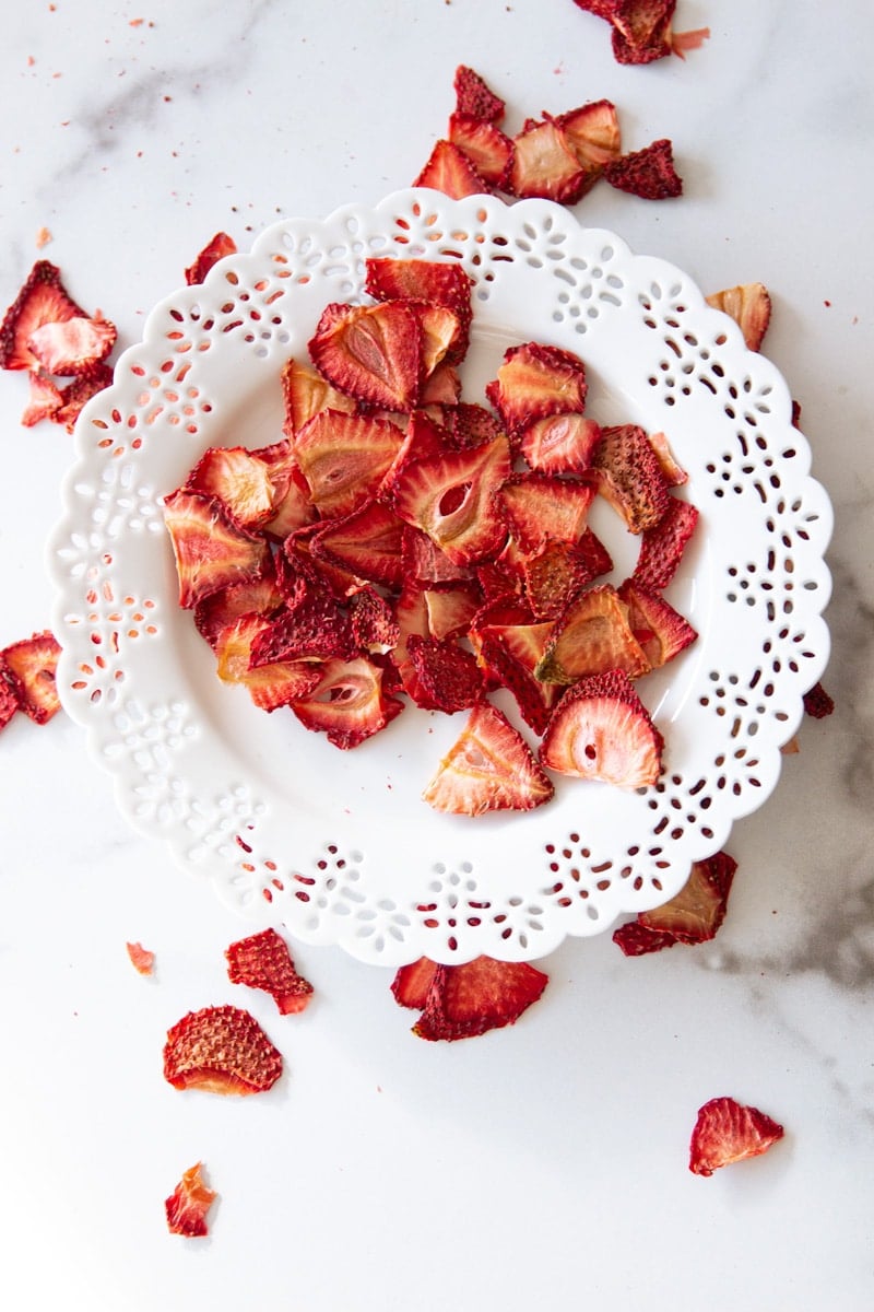 Dried fruit on a white plate.