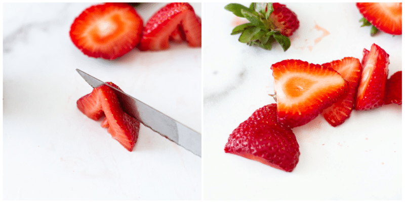 Slicing a strawberry into ¼ inch thick slices. 