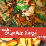 Peach flavored balsamic chicken in a skillet topped with fresh basil and tomatoes.