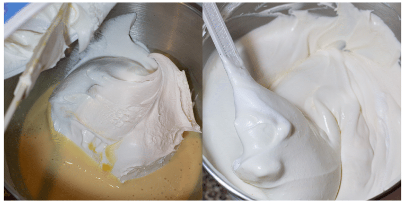 Cool whip being folded into a caramel batter with a spatula.