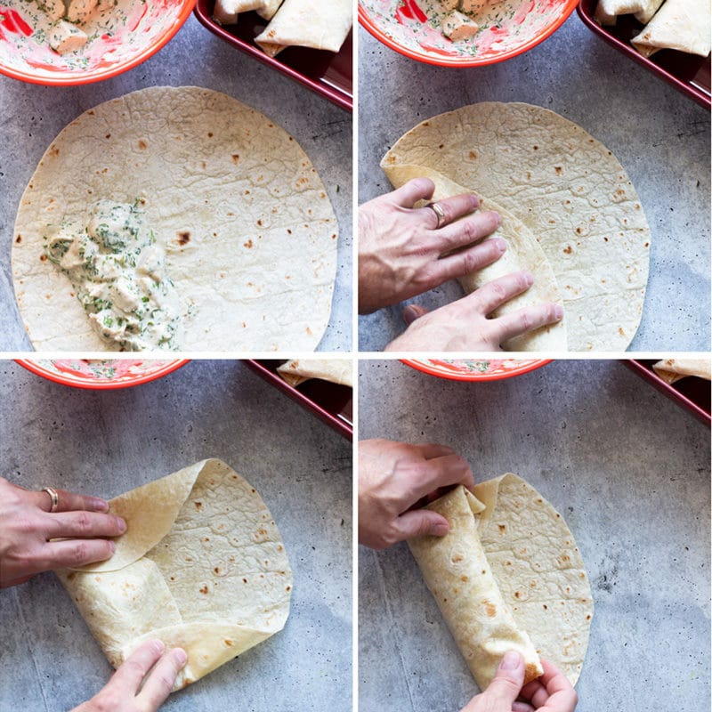 Collage of pictures showing a person rolling a chicken enchilada in a flour tortilla. 