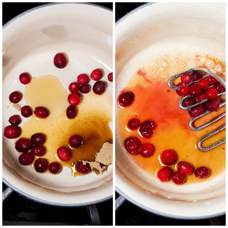 Saucepan containing cranberries, honey, brown sugar and orange juice. 