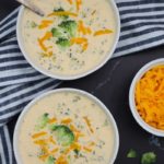 Roasted broccoli and cheese soup in a bowl.