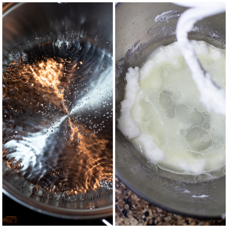 Hot water in a bowl being mixed with crisco and sugar.