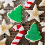 Christmas decorated cookies on a cooling tray.