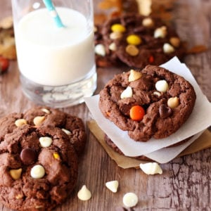 Close up of dark chocolate cookies, milk on table.