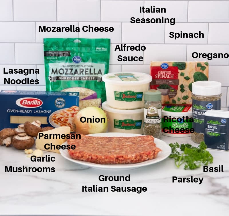 Italian sausage, cheese, onion, mushrooms, seasonings. and lasagna noodles on a counter. 