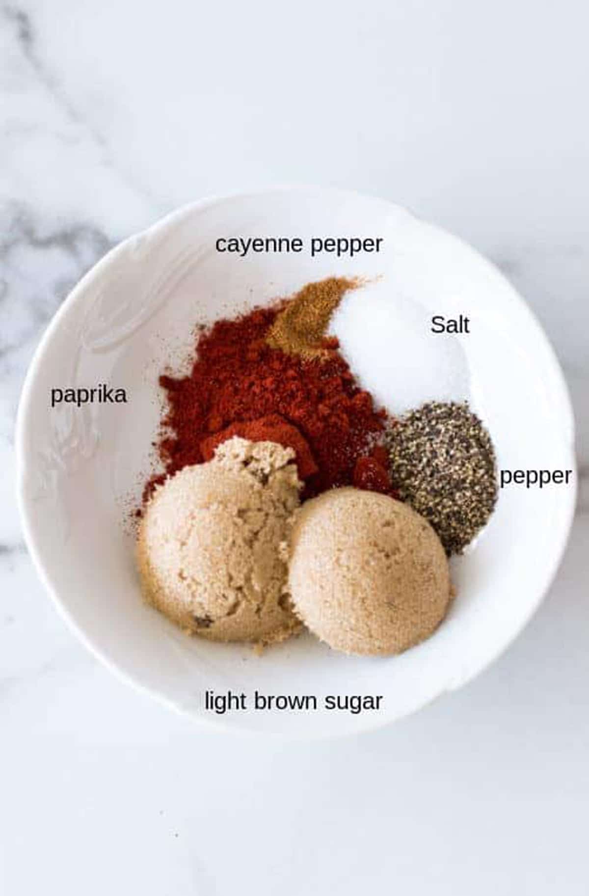 White dish containing spices for a beef short rib rub. 
