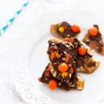 Pieces of Halloween Candy Bark topped with reese's pieces, chocolate, pecan chips and sprinkles.