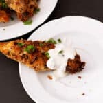 Pecan Crusted Chicken Tender on a white plate covered in Ranch dipping sauce.