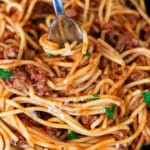 Close up of spaghetti noodles being twirled on a fork topped with parsley.