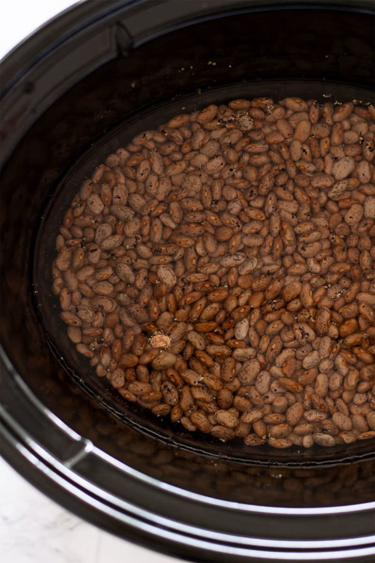 Pinto Beans in a slow cooker covered with water, salt and pepper in water.