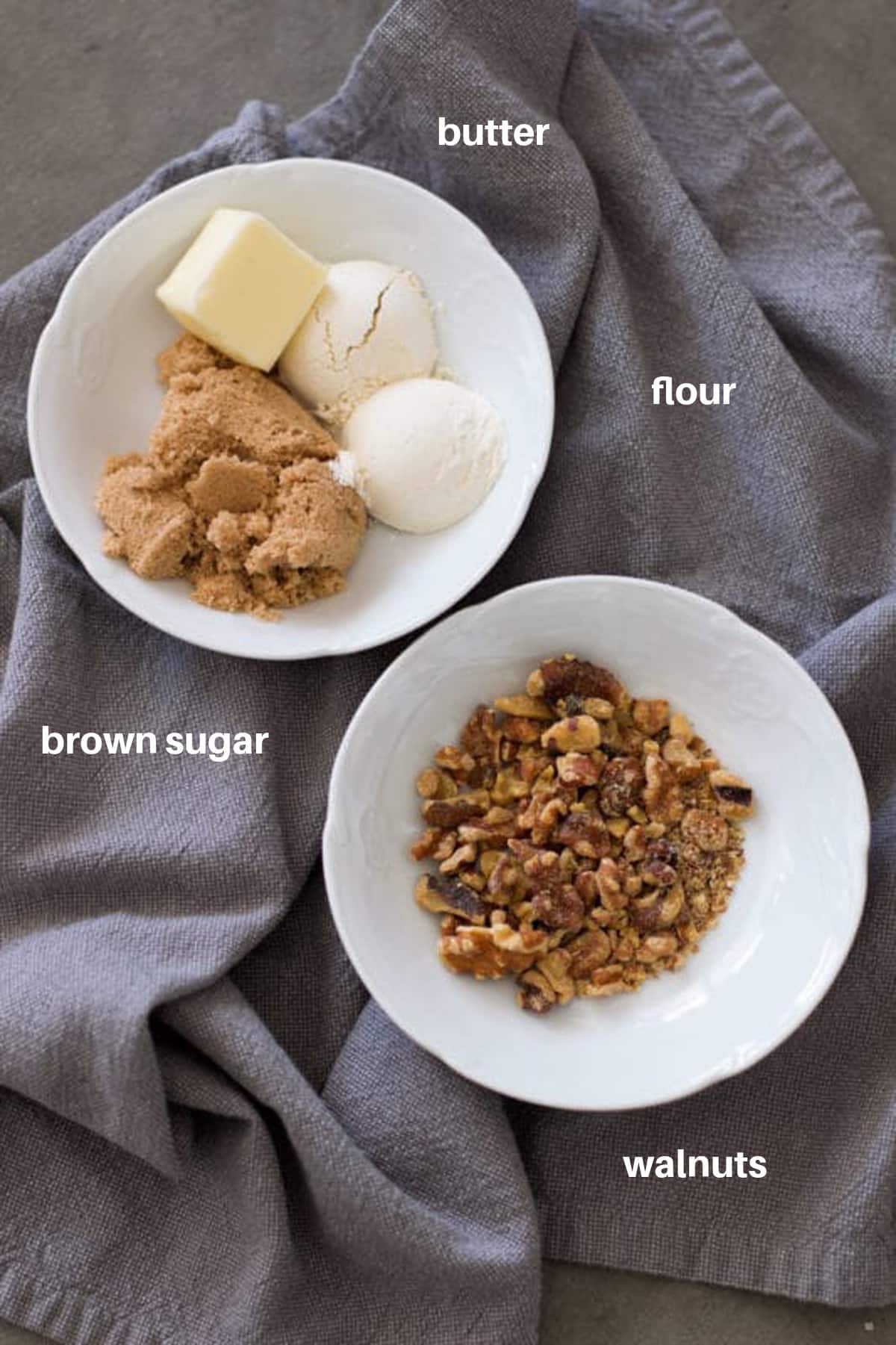Ingredients to make a Streusel-Nut Topping, brown sugar, flour, butter and walnuts.
