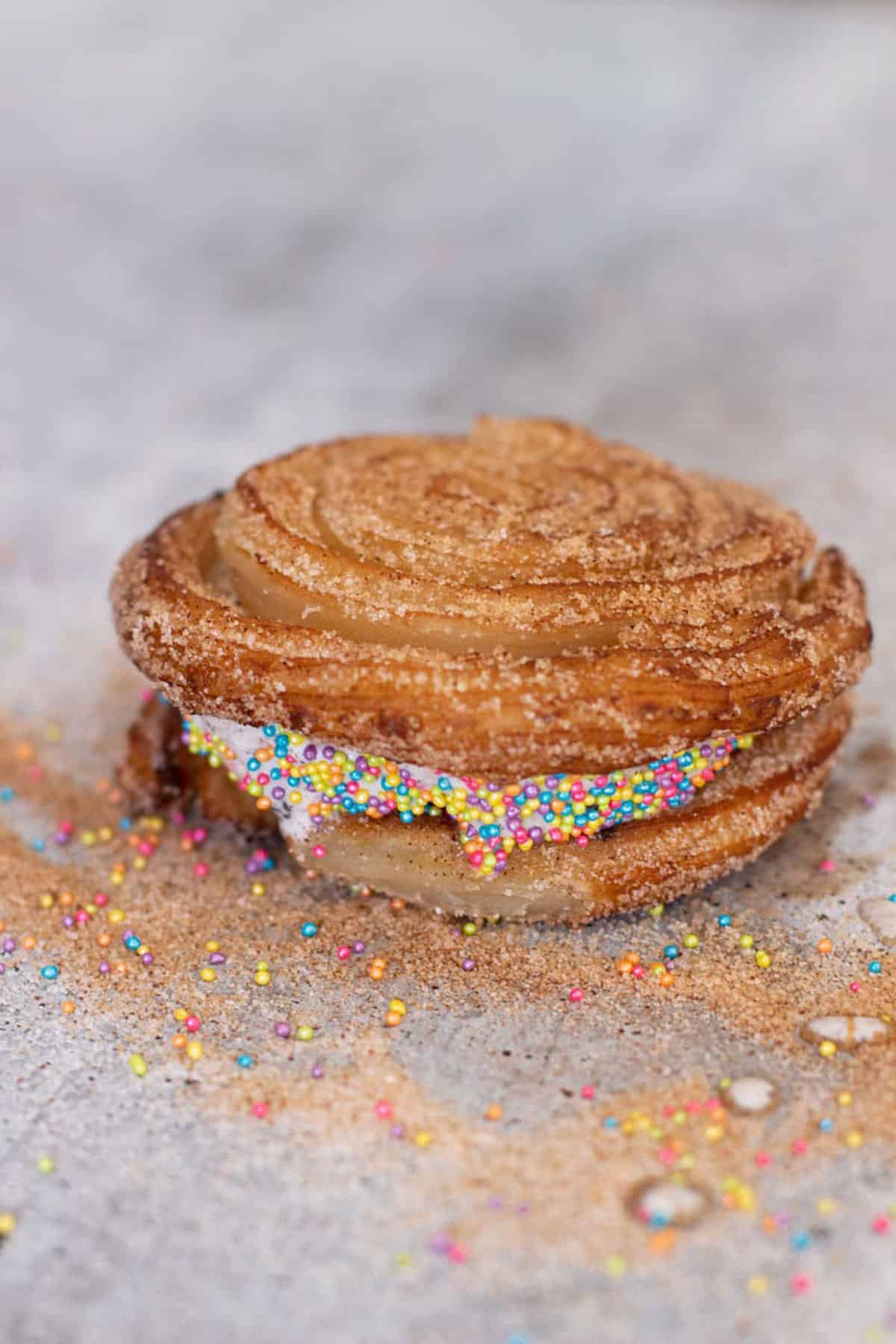 Churro ice cream sandwich dipped in sprinkles.