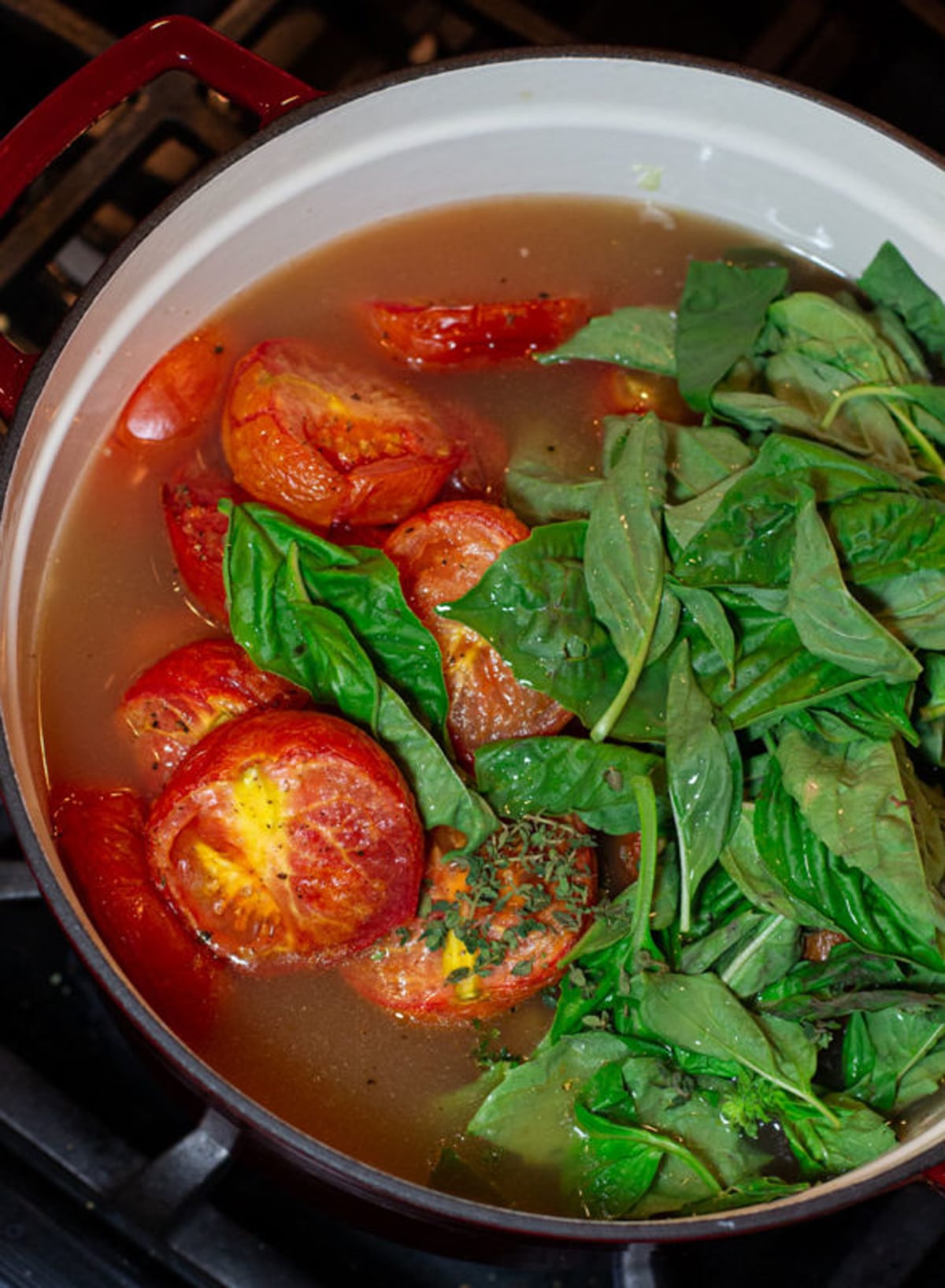 Dutch oven containing roasted tomatoes, fresh basil, chicken stock, and herbs.