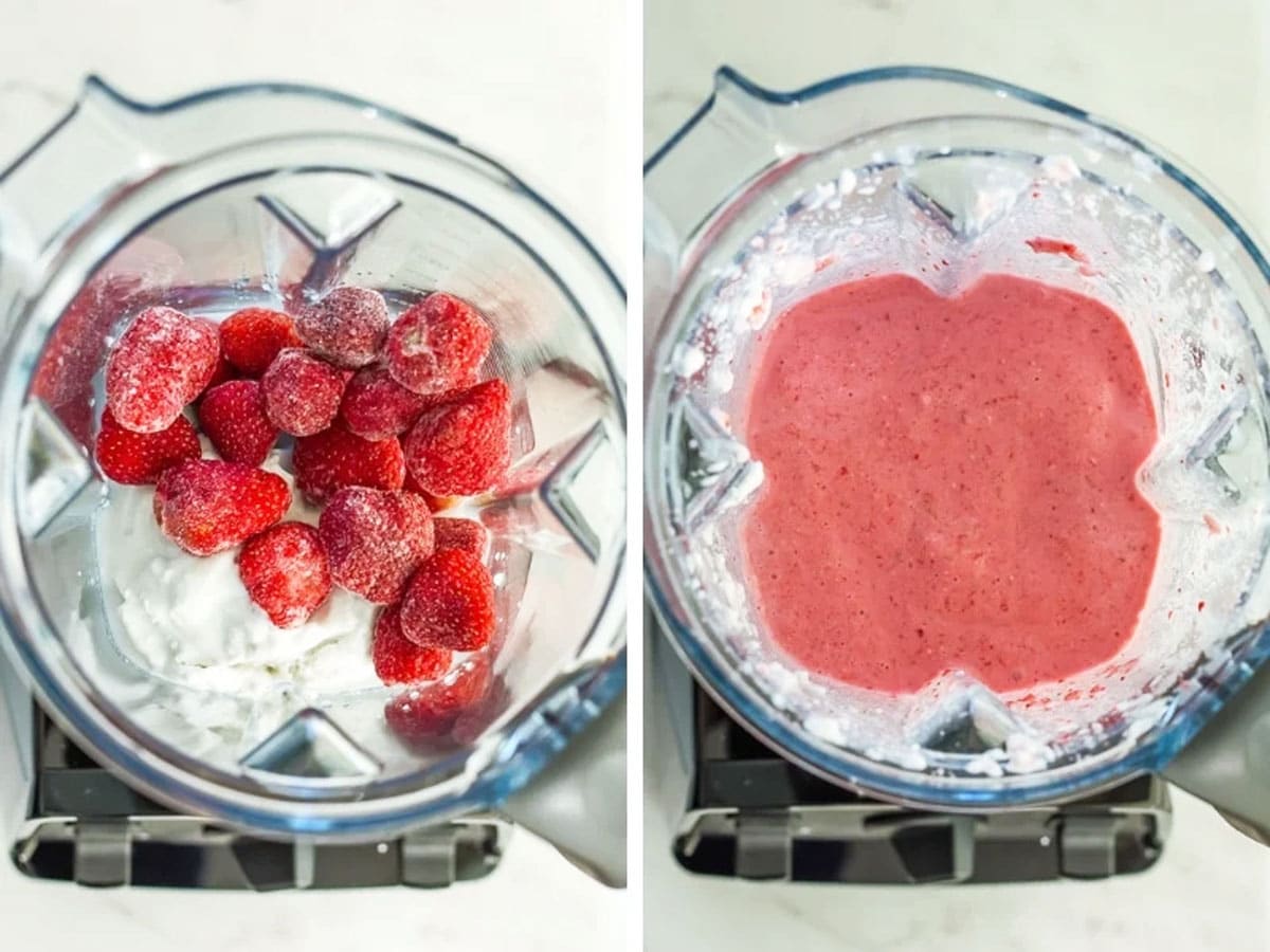 Two photos showing how to make strawberry popsicles in a blender.
