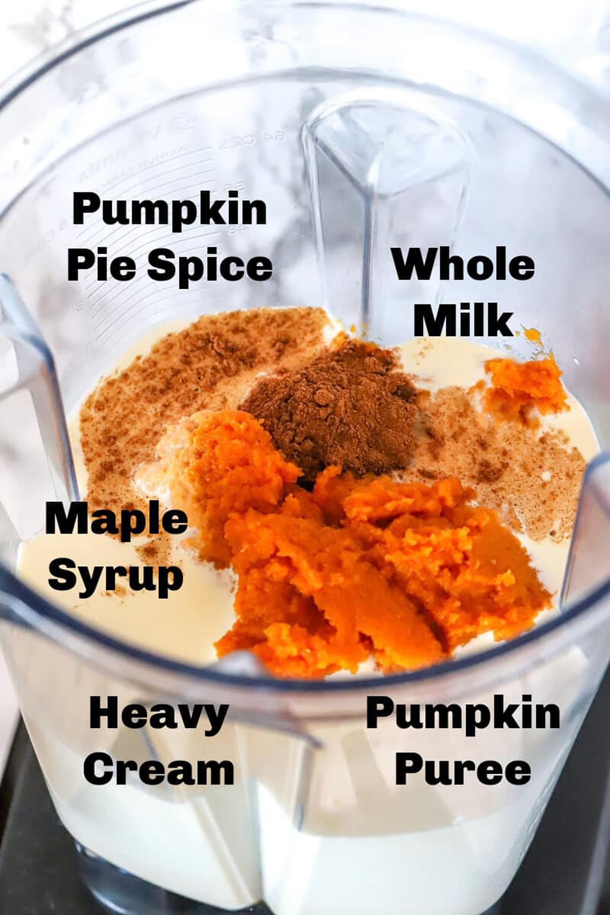 Pumpkin puree, milk, syrup, cream, and fall spices in a blender. 